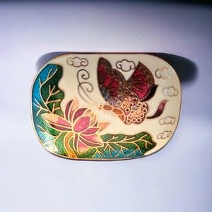 Vintage Cloisonne Scarf Clip Slide Bolo Butterfly And Flower